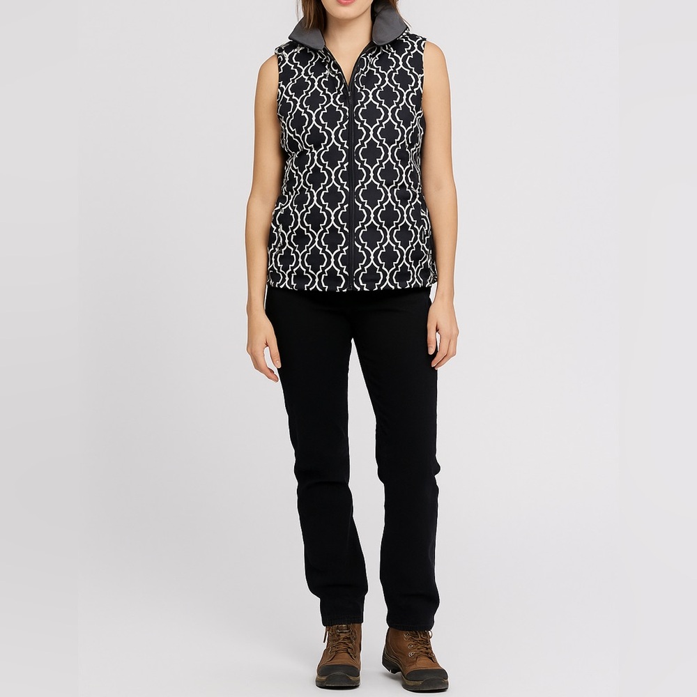 Lands' End Classic Full Zip Down Filled Puffer Vest Black & White Damask Size XS